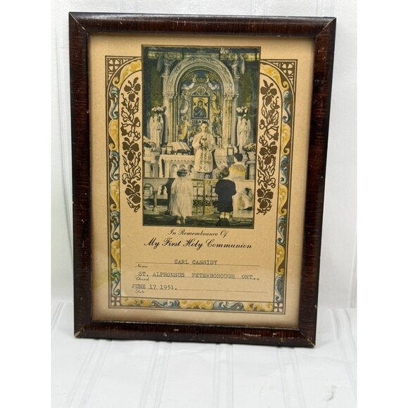 VINTAGE 1951 Catholic 1st Holy Communion Picture Certificate In Frame - Picture 5 of 7